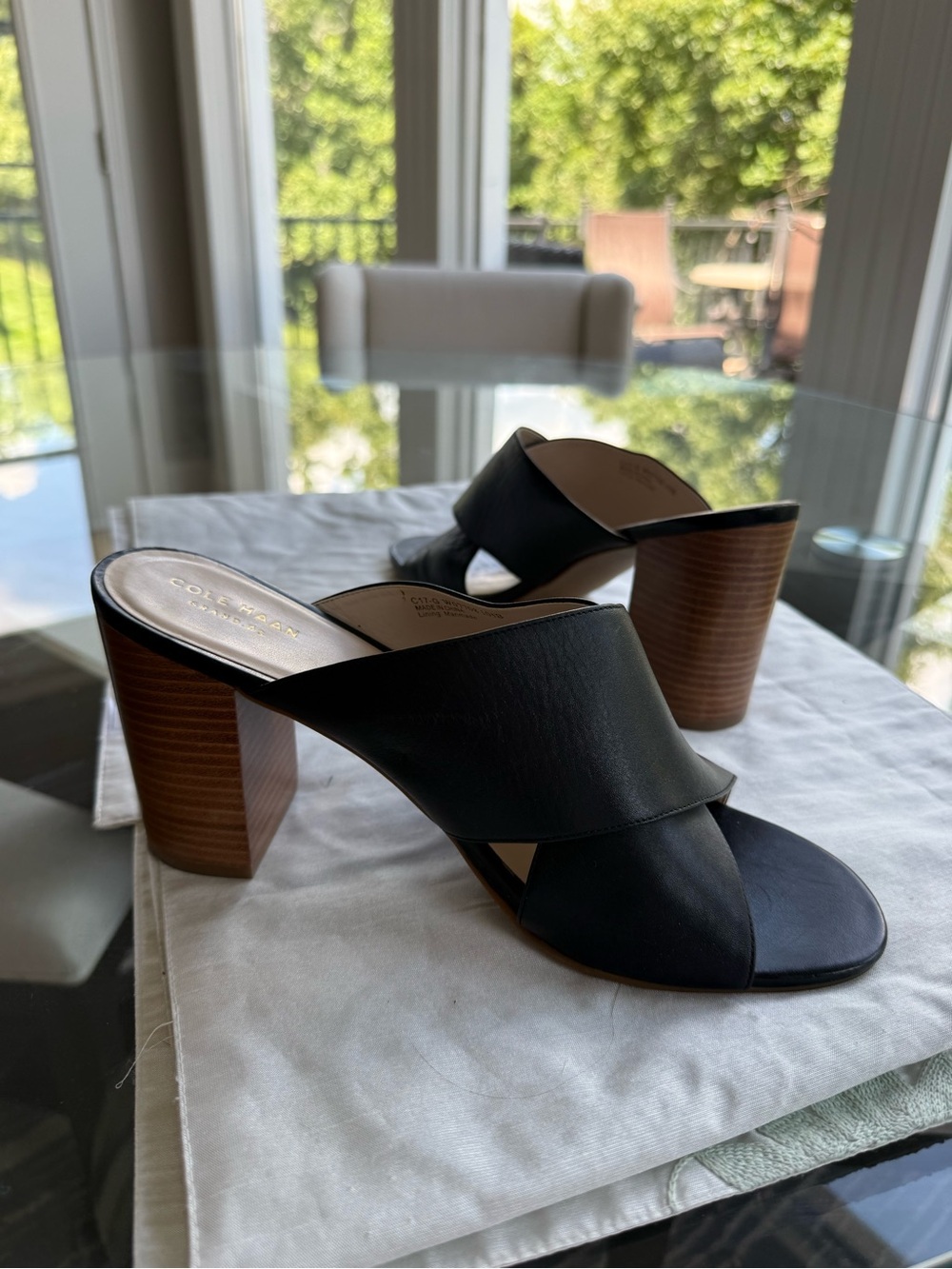 Cole Haan Black Leather Slide Mules with Brown Stacked Heels